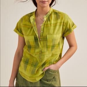 PILCRO Anthropologie Hannah Surf Popover Woven Blouse Green Plaid Size Small